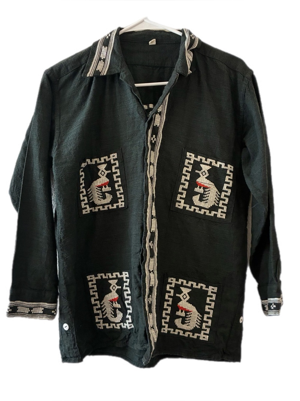 VINTAGE GUATEMALAN HAND EMBROIDERED QUETZAL BIRD BUTTON DOWN SHIRT, MEDIUM/LARGE